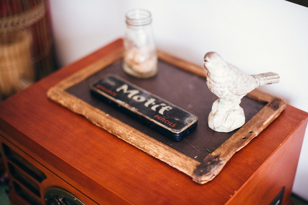 Bird Chalkboard Pencils Record Player