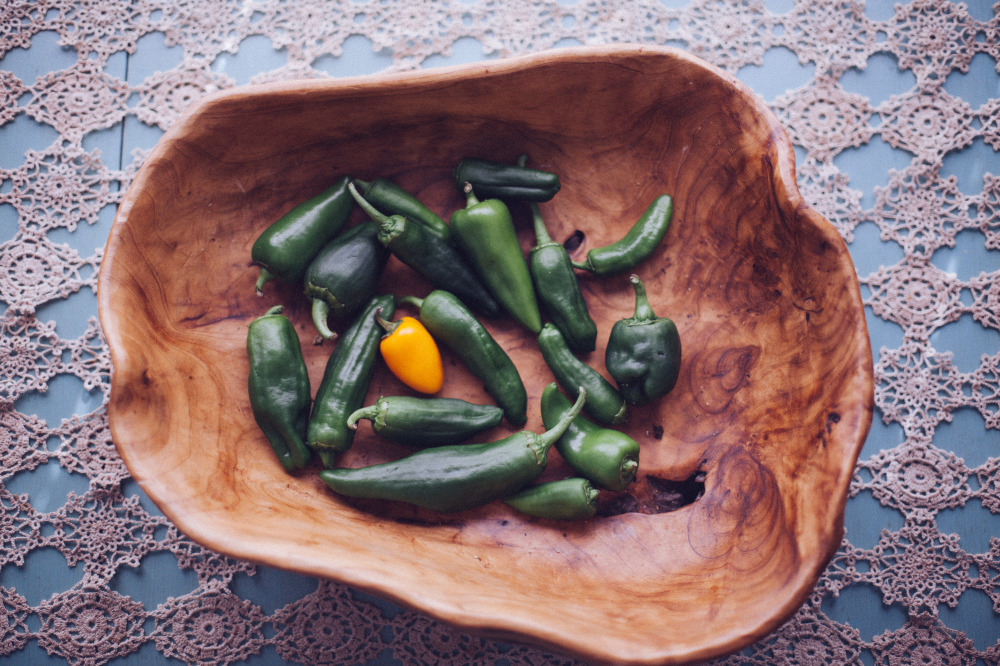 Public Domain Images – Wooden Bowl Green Orange Peppers Lace Table Cloth Teal