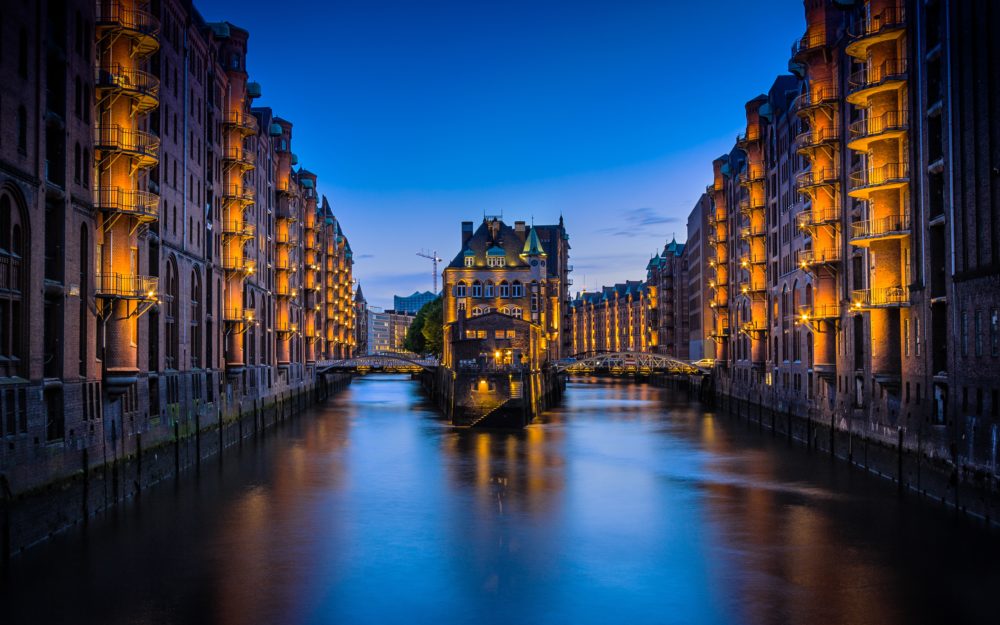 Hamburg Germany Canal Night Time Romantic Sunset